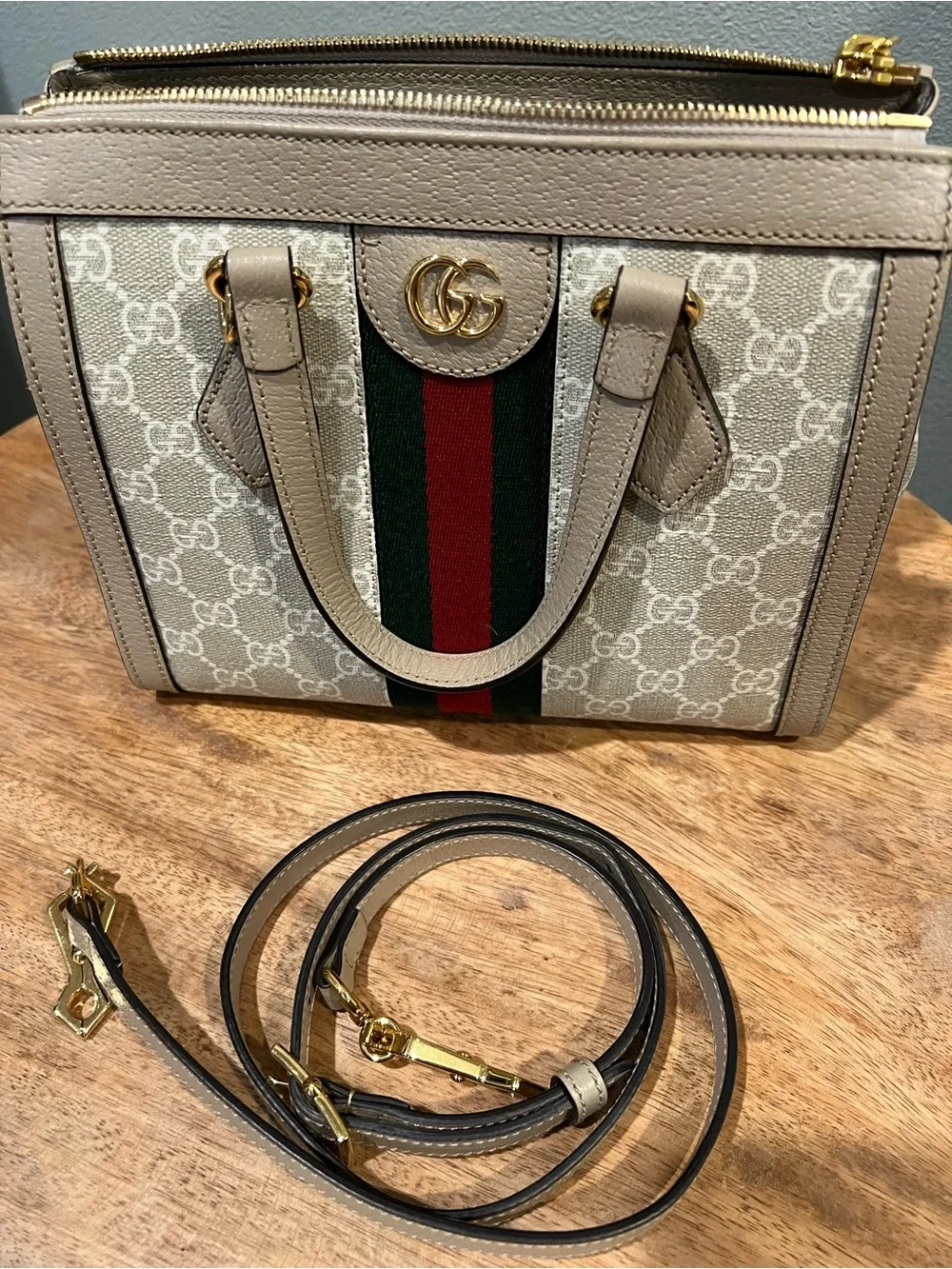 Gucci Beige GG Supreme Top Handle Satchel with Green-Red Web Stripe